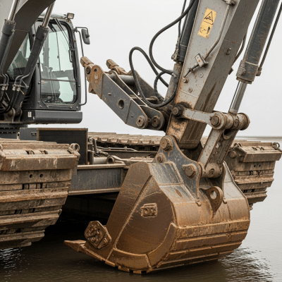 A close-up photograph focusing on the bucket and arm of a Amphibious / pontoon excavator (excavators), showing details such as hydraulic lines, metal textures, and wear marks