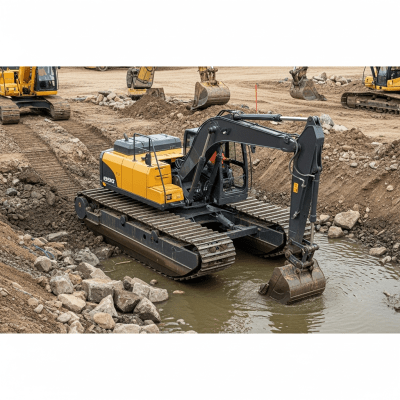 A realistic image of a Amphibious / pontoon excavator (excavators) at work on a construction site, surrounded by soil, rocks, and machinery