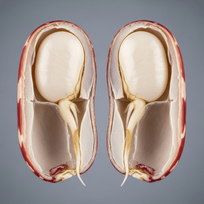 A cross-sectional view of a single Anasazi Bean (beans), sliced cleanly to reveal its internal structure and composition