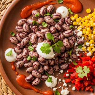Image of cooked Anasazi Bean (beans) presented as part of a traditional dish or cuisine, plated attractively and photographed from above