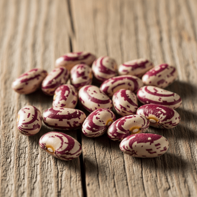 A handful of uncooked Anasazi Bean beans (beans) scattered on a rustic wooden surface, photographed in natural light to emphasize their variety and color