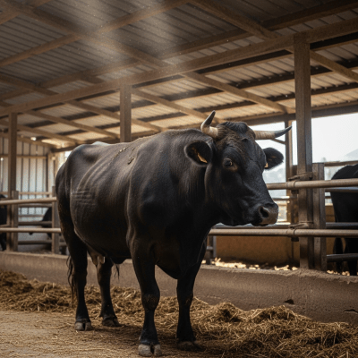 Documentary-style image of a Anatolian Black (Turkish native) in a barn or shelter environment, showing typical housing conditions for cows