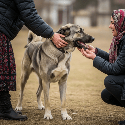 Image of a Anatolian Shepherd Dog interacting with humans in a typical cultural or domestic setting