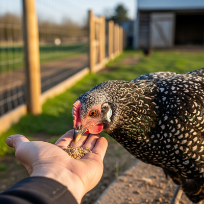 Photograph of a Ancona from the chicken taxonomy interacting with humans in a typical farm setting