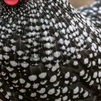 Close-up macro photograph highlighting the feather texture and coloration of a Ancona from the chicken taxonomy