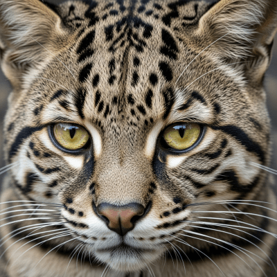 Close-up macro photograph focusing on the facial features and fur texture of a Andean Cat