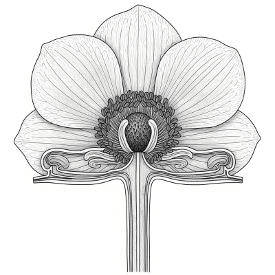 Cross-sectional illustration of a Anemone (flowers), showing internal parts such as stem, petals, and reproductive organs