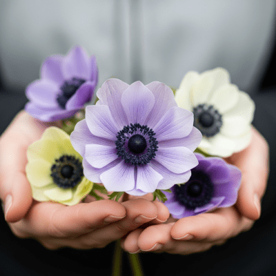 Photograph of a Anemone (flowers) being held or interacted with by a person in a gentle way