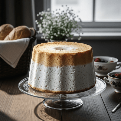 A realistic image of a whole Angel Food Cake (cake) displayed on a classic dessert table in a home or bakery setting