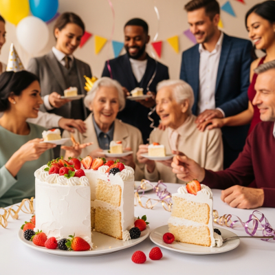 A scene showing the Angel Food Cake (cake) being served or enjoyed at a festive occasion, such as a birthday party or wedding