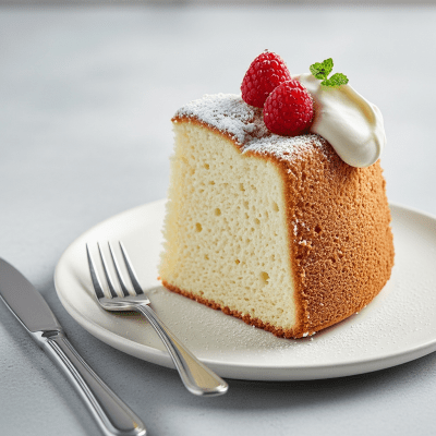 An image of a single slice of Angel Food Cake, from the cake taxonomy, isolated on a plate with simple cutlery