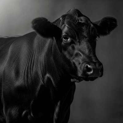 Editorial-style portrait of a Angus (Aberdeen Angus) from the taxonomy cows, with dramatic lighting and shallow depth of field to highlight unique features or markings.