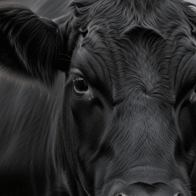 Close-up photograph of the head and face of a Angus (Aberdeen Angus), focusing on distinctive features such as eyes, ears, and fur texture