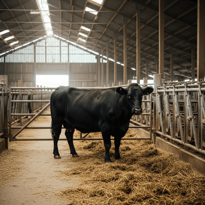 Documentary-style image of a Angus (Aberdeen Angus) in a barn or shelter environment, showing typical housing conditions for cows