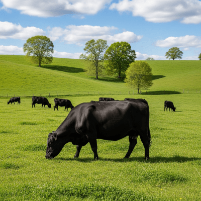 Naturalistic image of a Angus (Aberdeen Angus) in its typical environment, such as a grassy pasture or open field
