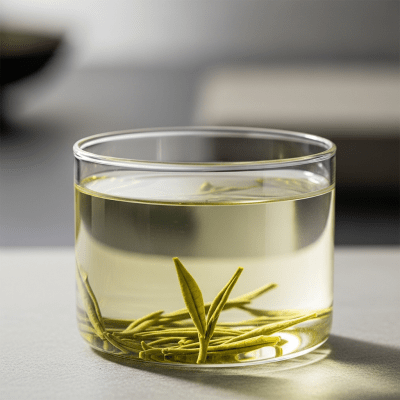 Editorial-style image of a brewed Anji Bai Cha tea, part of the taxonomy teas