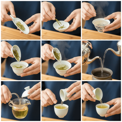 Step-by-step visual depiction showing the preparation process for Anji Bai Cha, within the taxonomy teas