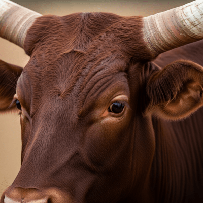 Close-up photograph of the head and face of a Ankole-Watusi, focusing on distinctive features such as eyes, ears, and fur texture