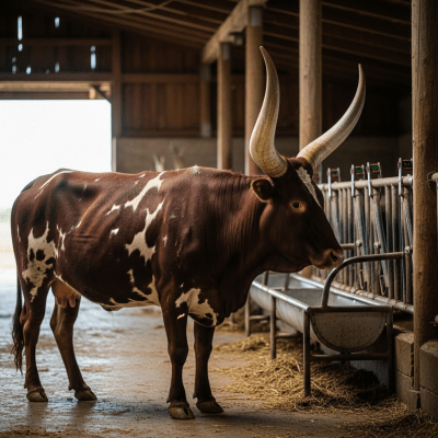 Documentary-style image of a Ankole-Watusi in a barn or shelter environment, showing typical housing conditions for cows