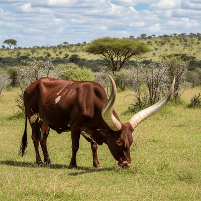 Naturalistic image of a Ankole-Watusi in its typical environment, such as a grassy pasture or open field