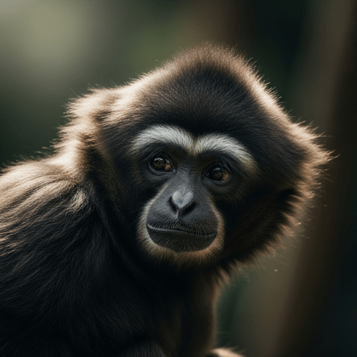 Editorial-style portrait of a Annam (black-crested) gibbon from the taxonomy apes.
