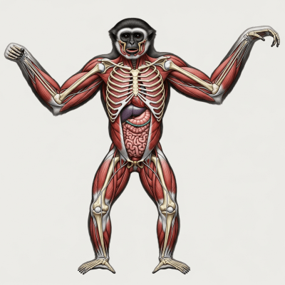 Detailed anatomical illustration of a Annam (black-crested) gibbon, part of the taxonomy apes