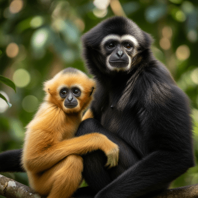 Photograph of a juvenile Annam (black-crested) gibbon (apes) alongside an adult in their environment