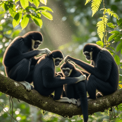 Image showing a group of Annam (black-crested) gibbon (apes) engaging in typical social behavior