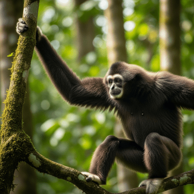 Photograph of a Annam (black-crested) gibbon (apes) in its natural habitat