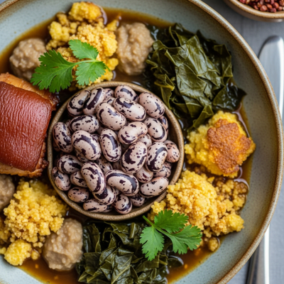 Image of cooked Appaloosa Bean (beans) presented as part of a traditional dish or cuisine, plated attractively and photographed from above