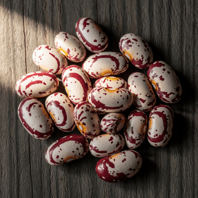 A handful of uncooked Appaloosa Bean beans (beans) scattered on a rustic wooden surface, photographed in natural light to emphasize their variety and color