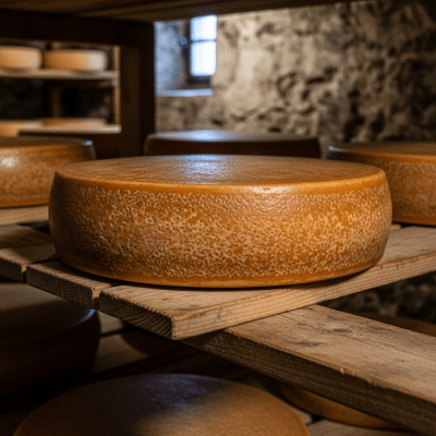 A whole wheel or block of Appenzeller, shown in an artisanal cellar or aging environment typical for this cheese