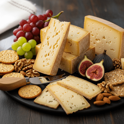 A serving of Appenzeller arranged as part of a traditional cheese platter with fruits, nuts, and crackers