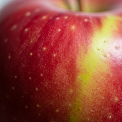 Macro shot capturing the surface texture and color details of the Apple, within the fruits taxonomy