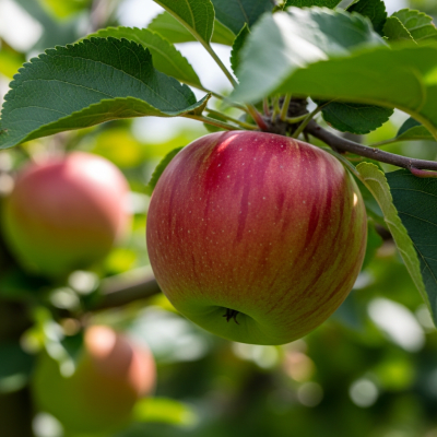 A photograph of a fresh Apple from the fruits taxonomy as it appears in its natural growing environment, such as on a tree, bush, or vine