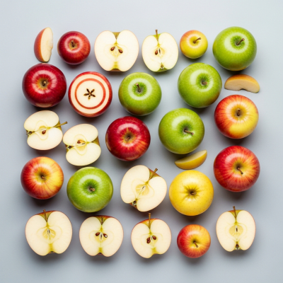 An overhead view photograph of several pieces of the Apple, from the fruits taxonomy, arranged aesthetically on a plain background
