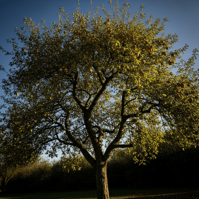 Striking editorial image of a single Apple (trees), photographed from a low angle to emphasize its grandeur.
