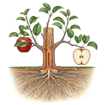 Detailed botanical illustration of the internal structure of a Apple