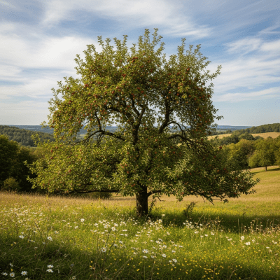 A realistic depiction of a mature Apple (trees) in its typical natural environment