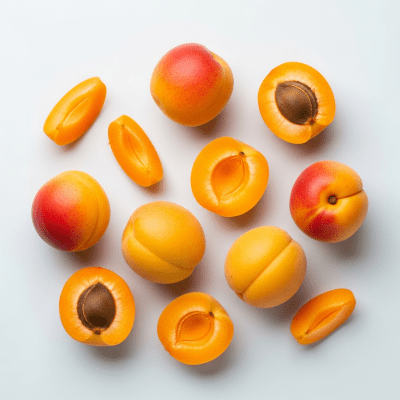 An overhead view photograph of several pieces of the Apricot, from the fruits taxonomy, arranged aesthetically on a plain background