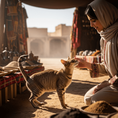 Image of a Arabian Mau interacting with humans or participating in cultural activities