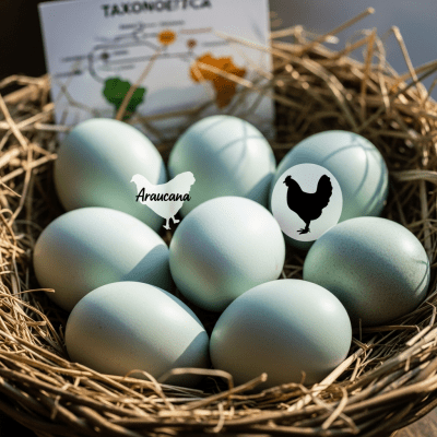 Image depicting eggs laid by a Araucana, contextualized within the chicken taxonomy