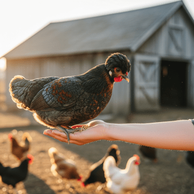 Photograph of a Araucana from the chicken taxonomy interacting with humans in a typical farm setting