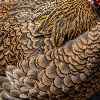 Close-up macro photograph highlighting the feather texture and coloration of a Araucana from the chicken taxonomy