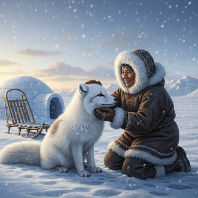 Image of a Arctic Fox interacting with humans in a cultural or practical context