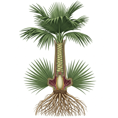 Cross-sectional scientific illustration of a Areca Palm