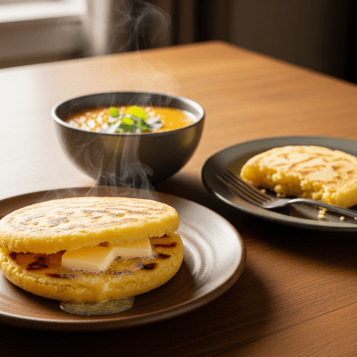 Photograph of Arepa, shown being served or eaten as part of a meal