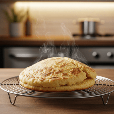 Photograph of freshly baked Arepa, cooling on a wire rack