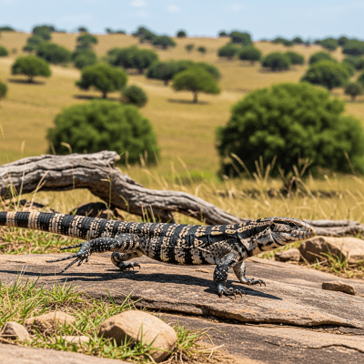 A dynamic action scene featuring a single Argentine Black and White Tegu (lizards) running, climbing, or catching prey in its typical environment