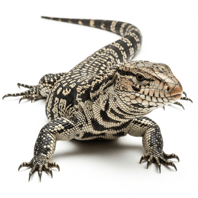 High quality studio photograph of a Argentine Black and White Tegu, part of the taxonomy lizards